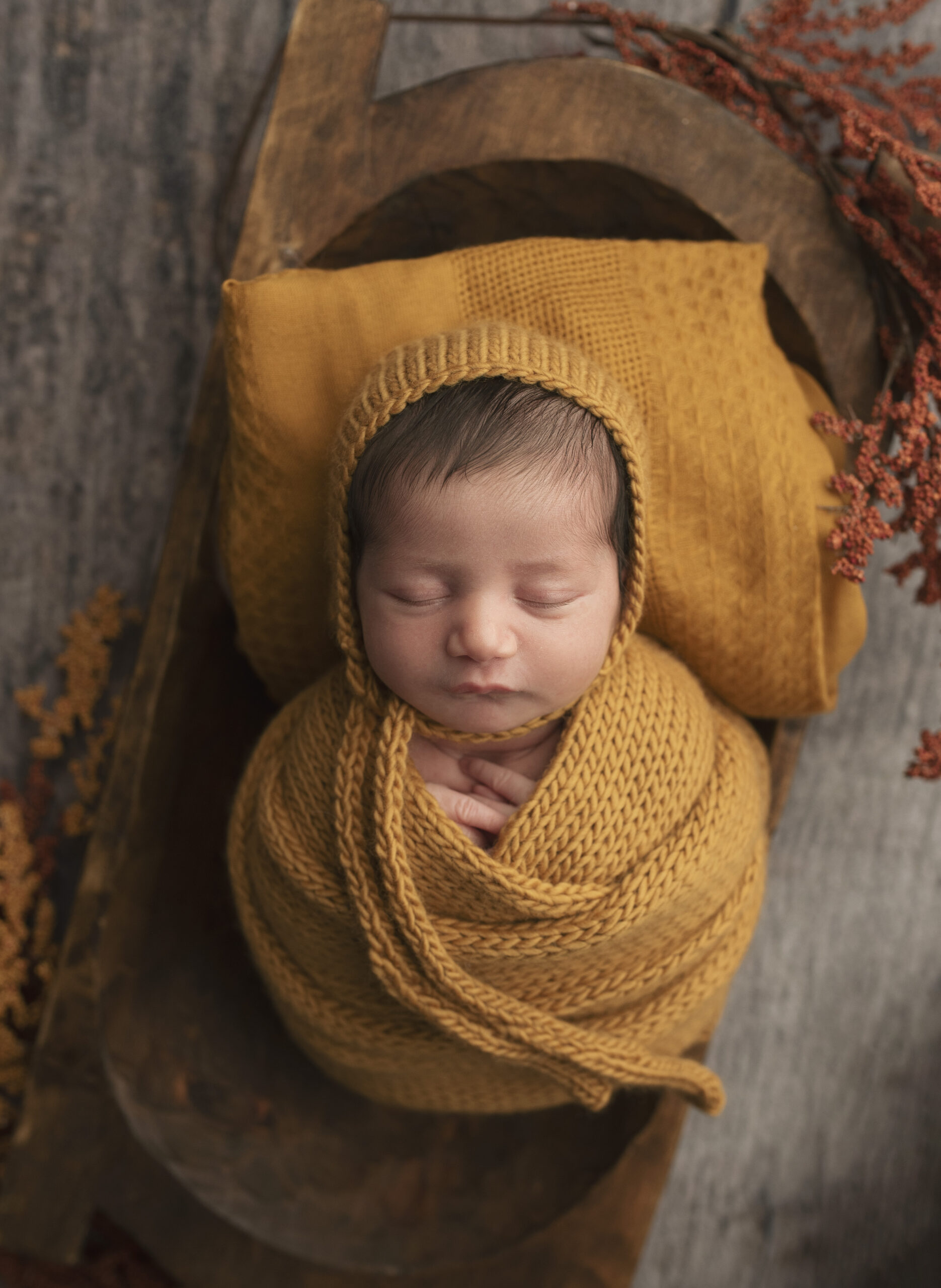 Grand Rapids newborn photographer baby swaddled in yellow knit sleeping